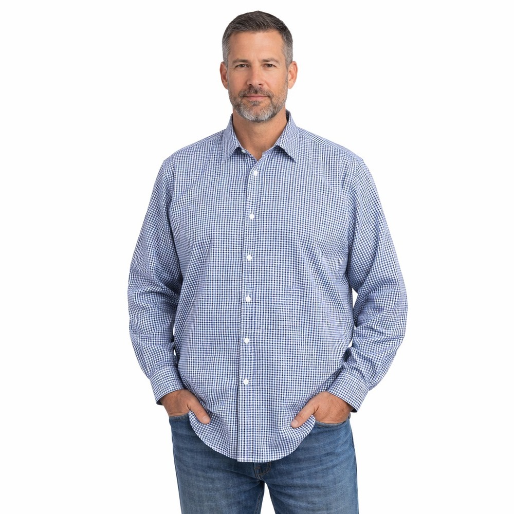 John Ashford Big & Tall Men's XXL Blue White Gingham Button Down Shirt 18 Collar